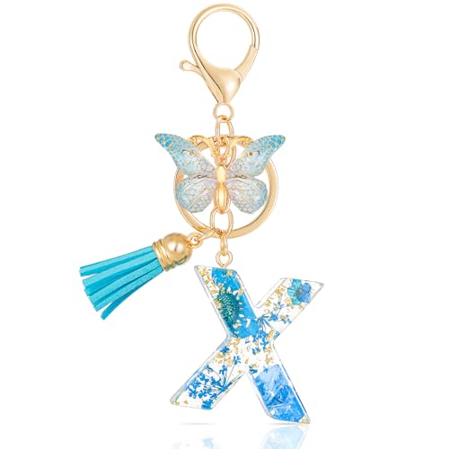 MWOOT Letter Keychain Initiale Schlüsselanhänger Buchstabe X,Alphabet Harz Blume Key Chain mit Schmetterling Quaste Anhänger Handtasche Geldbörse Charm,Blau Blütenblatt Keyring für Frauen (X) von MWOOT