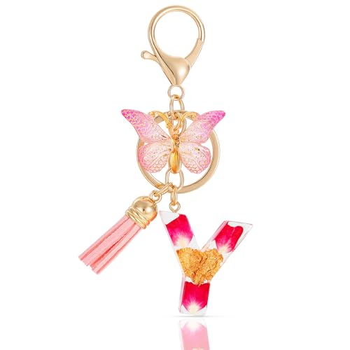 MWOOT Letter Keychain Initiale Schlüsselanhänger Buchstabe Y,Alphabet Harz Buchstabe mit Blume Key Chain mit Schmetterling Quaste Anhänger Handtasche Charm,Rosa Blütenblatt Keyring für Frauen (Y) von MWOOT
