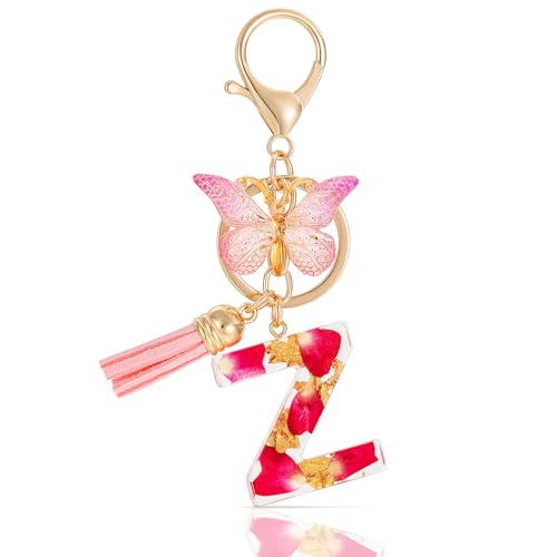 MWOOT Letter Keychain Initiale Schlüsselanhänger Buchstabe Z,Alphabet Harz Buchstabe mit Blume Key Chain mit Schmetterling Quaste Anhänger Handtasche Charm,Rosa Blütenblatt Keyring für Frauen (Z) von MWOOT