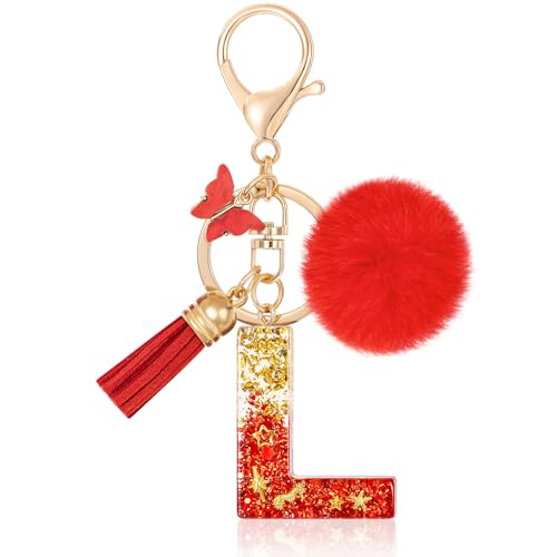 MWOOT Letter L Keychain Initiale Buchstaben-Schlüsselanhänger,Alphabet Harz Key Chain mit Schmetterling Quaste Plüsch Anhänger Handtasche Geldbörse Charm,Rot Keyring für Frauen (L) von MWOOT