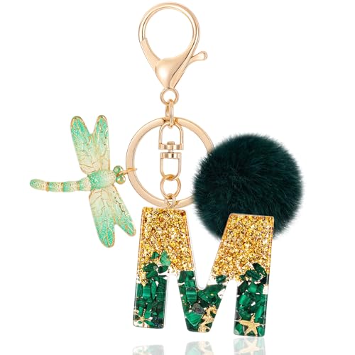 MWOOT Letter M Keychain Initiale Buchstaben-Schlüsselanhänger,Alphabet Harz Key Chain mit Libelle Plüsch Anhänger Handtasche Geldbörse Charm,Grün Keyring für Frauen(M) von MWOOT
