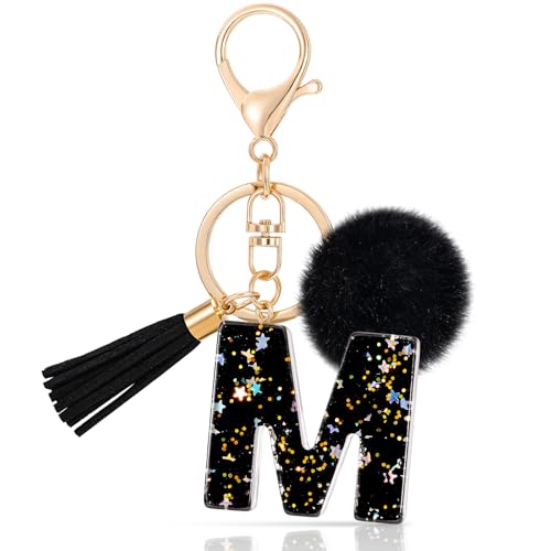 MWOOT Letter M Keychain Initiale Buchstaben-Schlüsselanhänger,Alphabet Harz Stern Key Chain mit Quaste Plüsch Anhänger Handtasche Geldbörse Charm,Schwarz Keyring für Frauen (M) von MWOOT