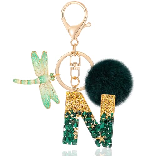 MWOOT Letter N Keychain Initiale Buchstaben-Schlüsselanhänger,Alphabet Harz Key Chain mit Libelle Plüsch Anhänger Handtasche Geldbörse Charm,Grün Keyring für Frauen(N) von MWOOT
