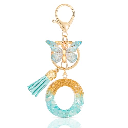 MWOOT Letter O Keychain Initiale Buchstaben-Schlüsselanhänger,Alphabet Harz Key Chain mit Schmetterling Quaste Anhänger Handtasche Geldbörse Charm,Grün Keyring für Frauen(O) von MWOOT