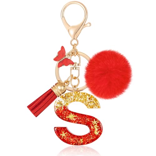 MWOOT Letter S Keychain Initiale Buchstaben-Schlüsselanhänger,Alphabet Harz Key Chain mit Schmetterling Quaste Plüsch Anhänger Handtasche Geldbörse Charm,Rot Keyring für Frauen (S) von MWOOT