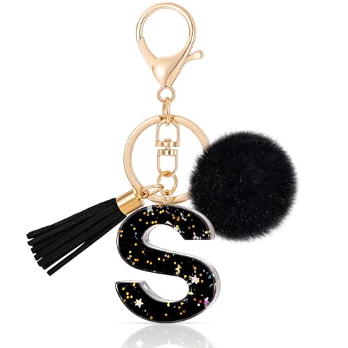 MWOOT Letter S Keychain Initiale Buchstaben-Schlüsselanhänger,Alphabet Harz Stern Key Chain mit Quaste Plüsch Anhänger Handtasche Geldbörse Charm,Schwarz Keyring für Frauen (S) von MWOOT