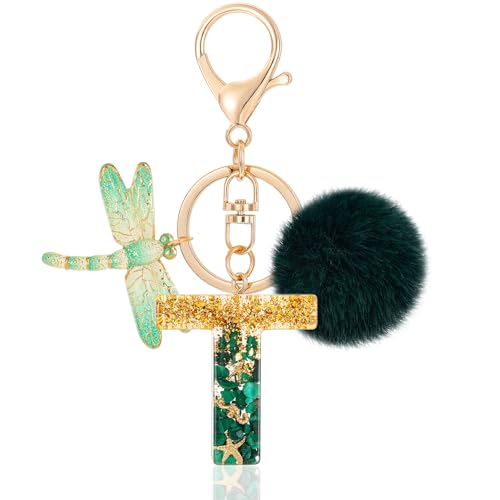 MWOOT Letter T Keychain Initiale Buchstaben-Schlüsselanhänger,Alphabet Harz Key Chain mit Libelle Plüsch Anhänger Handtasche Geldbörse Charm,Grün Keyring für Frauen(T) von MWOOT