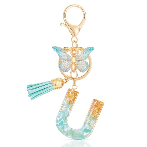 MWOOT Letter U Keychain Initiale Buchstaben-Schlüsselanhänger,Alphabet Harz Key Chain mit Schmetterling Quaste Anhänger Handtasche Geldbörse Charm,Grün Keyring für Frauen(U) von MWOOT