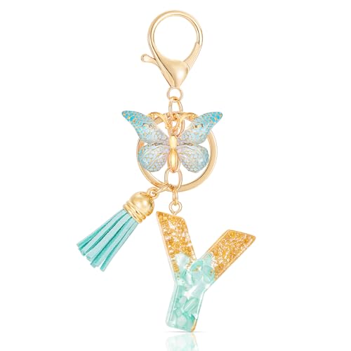 MWOOT Letter Y Keychain Initiale Buchstaben-Schlüsselanhänger,Alphabet Harz Key Chain mit Schmetterling Quaste Anhänger Handtasche Geldbörse Charm,Grün Keyring für Frauen(Y) von MWOOT