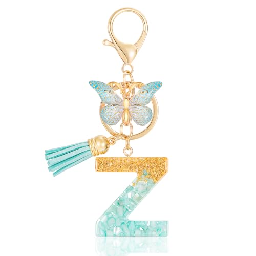 MWOOT Letter Z Keychain Initiale Buchstaben-Schlüsselanhänger,Alphabet Harz Key Chain mit Schmetterling Quaste Anhänger Handtasche Geldbörse Charm,Grün Keyring für Frauen(Z) von MWOOT