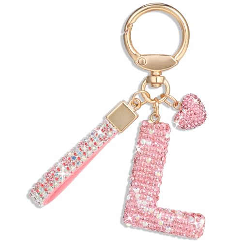 MWOOT Rosa Auto Schlüsselanhänger, Geschenk für Frauen Mädchen, Anfangsbuchstabe Schlüsselanhänger, Süß Bling Schlüsselringe Bling Buchstabe Anhänger Geldbörse Rucksack Handtasche Charms von MWOOT