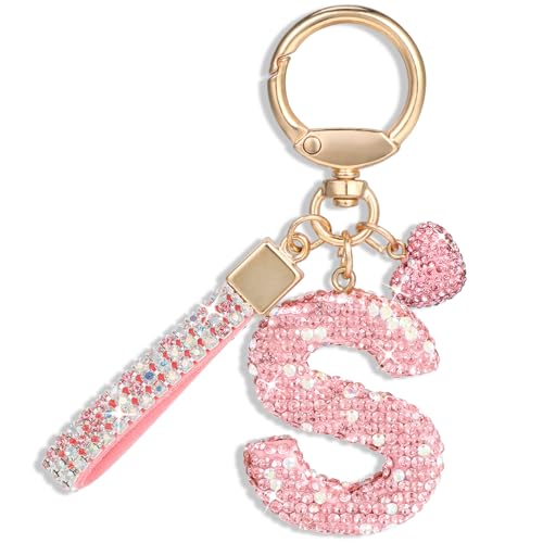 MWOOT Rosa Auto Schlüsselanhänger, Geschenk für Frauen Mädchen, Anfangsbuchstabe Schlüsselanhänger, Süß Bling Schlüsselringe Bling Buchstabe Anhänger Geldbörse Rucksack Handtasche Charms von MWOOT