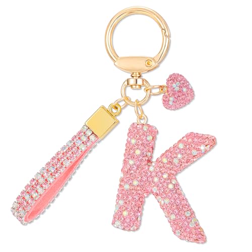 MWOOT Rosa Auto Schlüsselanhänger, Geschenk für Frauen Mädchen, Anfangsbuchstabe Schlüsselanhänger, Süß Bling Schlüsselringe Bling Buchstabe Anhänger Geldbörse Rucksack Handtasche Charms von MWOOT