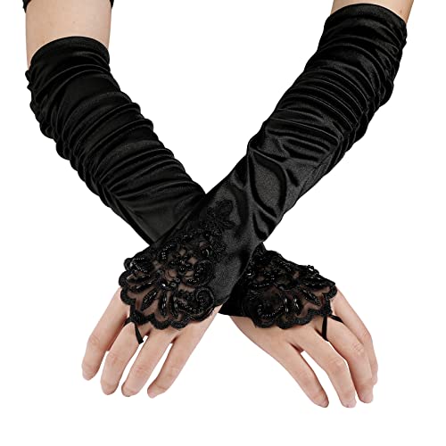 MWOOT Schwarze Fingerlose Spitzenhandschuhe für Frauen, Brautmode, Cosplay, Party - Satin, Schwarz, 41 cm / 16.17'' - Handschuhe von MWOOT