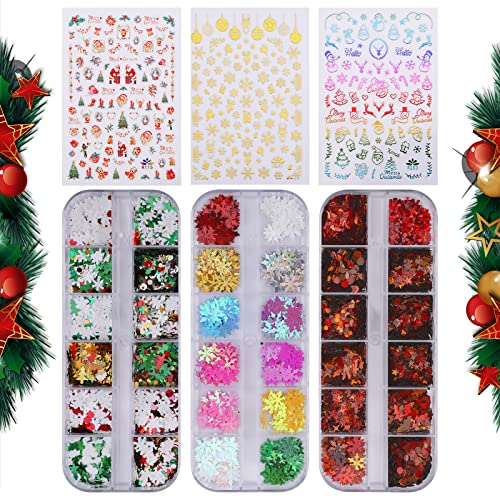 MWOOT Weihnachten 3 Boxen Nagel Glitzer Pailletten und 3 Blätter Nagelsticker Kit, Christmas 3D Holographische Schneeflocken Blatt Nagel Glitter Konfetti Sequins Craft Mix für DIY Party Salon Dekor von MWOOT