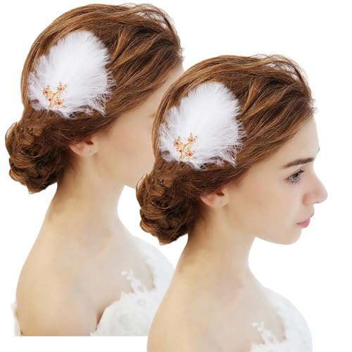 MWOOT Weiß Feder Haarschmuck, 4 Stück Feder Haarspangen für Damen Kopfschmuck, 1920er Fascinators Haarclips, Feder Haarklammern für Eislaufen Ballet Tanzen Aufführung von MWOOT