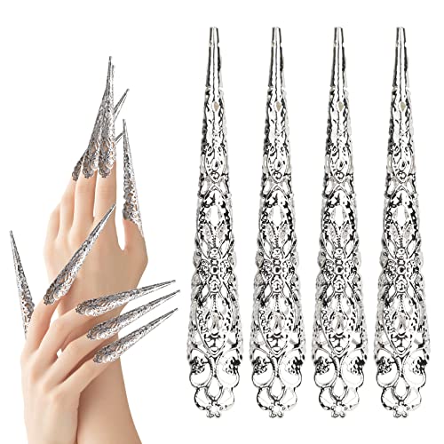 Mwoot 10 Halloween Gefälschte Nägel Silber Fake Nail Antike Königin Kostüm Cosplay Finger-Nagelspitzen-Ringe Finger Nail Tip Claw Rings Fingernail Rings Claw Fingernagelklauenring für Damen Frauen von MWOOT