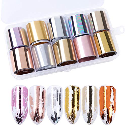 Mwoot 10 Stück Nagelfolie Transfer Aufkleber, Rose Gold Sternenhimmel Nagel Decals Nail Art Tipps Warps glänzend DIY Aufkleber, Holographische Glas Papier Nagel Dekorationen Kit von MWOOT