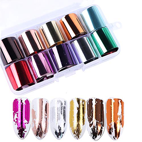 Mwoot 10 Stück Nagelfolie Transfer Aufkleber, Rose Gold Sternenhimmel Nagel Decals Nail Art Tipps Warps glänzend DIY Aufkleber, Holographische Glas Papier Nagel Dekorationen Kit von MWOOT