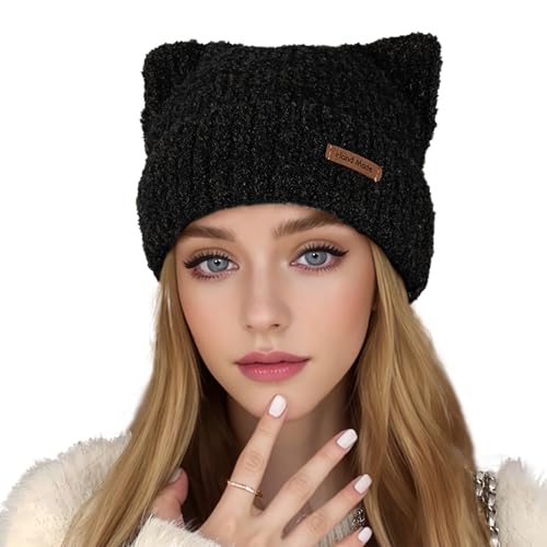 MWRDSM Mütze mit Katzenohren, süße schwarze Katze, Häkelmütze, Winter, warme Mütze, Strickmütze für Damen und Mädchen, Schwarz, Medium MWRDSM Mütze mit Katzenohren, süße schwarze Katze, Häkelmütze, Winter, warme Mütze, Strickmütze für Damen und Mädchen, Schwarz, Medium von MWRDSM