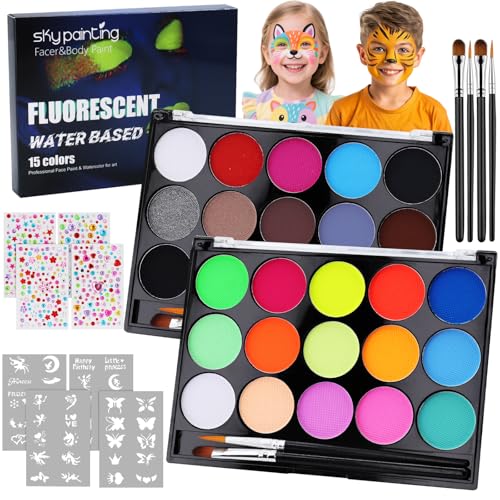 Kinderschminke Set, 30 Farben Schminkfarben Schminkpalette Waschbar für Kinder und Erwachsene, Halloween Kinderschminke Face Paint mit 4 Pinsel, 4 Tattoos Vorlagen und 4 Glitzernde Perlenaufkleber von MWRWRR