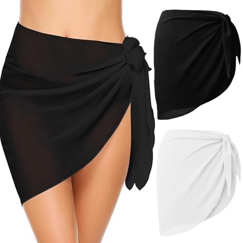 2 Stück Strand Wrap Sarong Damen, Chiffon Vertuschung Wickelröcke, Kurz Bikini Rock Cover up, Strandtuch Strandkleid Tücher Wickelrock Badeanzug Sexy für Urlaub (Schwarz/Weiß) von MWRWRR