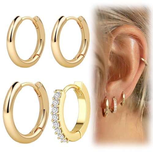 4 Artikel Ohrringe Set für Damen 14 Karat Vergoldet Kleine Ohrstecker Set Stapelbar Zirkonia Ohrstecker Creolen Ohrringe Set für Mehrere Piercings von MWUMRCM