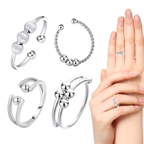 Angst Spinning Ringe für Damen,4 Stück Verstellbare Anti Stress Ring,Kupfer-versilberter Damenringe, Offener Ringe, Verstellbare Stapelbare für Stress Abbauen von MWUMRCM