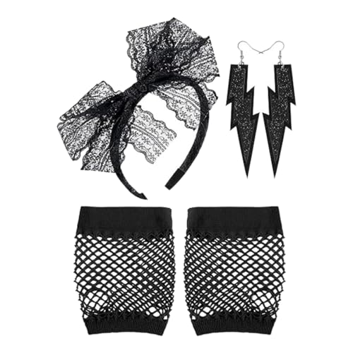 MWUMRCM 20er Jahre Accessoires, 1920 Zubehör Set, 5pcs 80er Accessoires für Damen 80 Jahre Kostüm Zubehör Set Spitze Stirnband Ohrringe Netzhandschuhe 80er Retro Party für Party Karneval Halloween von MWUMRCM