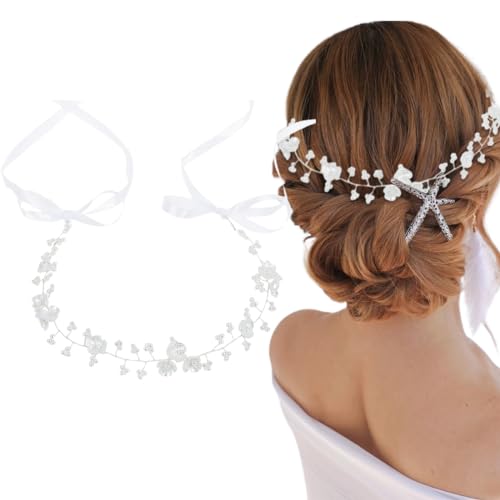 MWUMRCM Haarschmuck Kommunion, Kommt mit 4 Haarnadeln, Haarbänder für Mädchen Blumenkranz Haare Kinder Hochzeit Mädchen Blumen Braut Haarschmuck Perle Stirnband von MWUMRCM