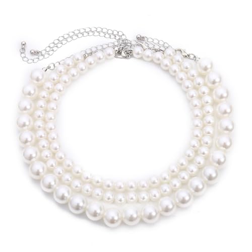 MWUMRCM Perlenkette weiß,1Perlenkette Damen Weiße Perlen Halsketten Simulierten Perle Halskette Halsband 3-reihig Perlen, Dame Weiße elegante künstliche Perlen-Halsketten Perlen-Ketten-Halskette von MWUMRCM