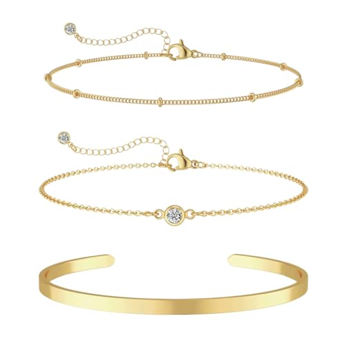 Vergoldet Armband, 3Pcs Armband Damen Edelstahl Ketten Armbänder Set 14K Vergoldet Armbander Twist Schlange Armkette Damen CZ Verstellbar Armband Set Charm Armband Armband für Damen Frauen von MWUMRCM