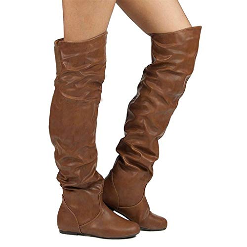 MWbetsy Gerafftes Stiefel Damenmode Overknee-Stiefel Retro größere Größe Motorrad-Stiefel Damen reizvolle Flache runde Zehe Knight Boot Arbeit Freizeitschuh,Braun,47 von MWbetsy