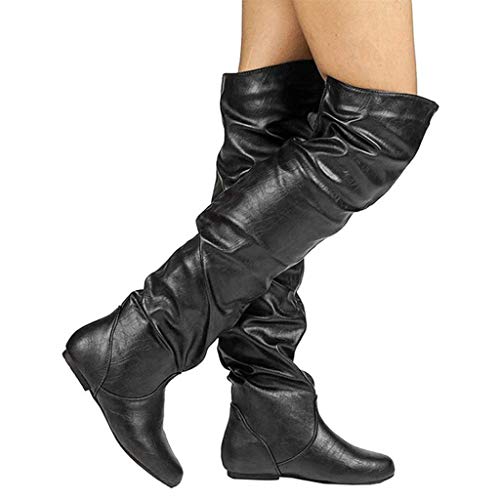 MWbetsy Gerafftes Stiefel Damenmode Overknee-Stiefel Retro größere Größe Motorrad-Stiefel Damen reizvolle Flache runde Zehe Knight Boot Arbeit Freizeitschuh,Schwarz,48 von MWbetsy