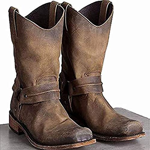 MWbetsy Männer Western-Cowboy-Stiefel Vintage-Quadrat-Kopf-Ritter-Boot-Hoch Hilfe Punk Gothic Rock Art Kurzer Stiefel Winterwandern Trekking Jagd,Braun,44 von MWbetsy