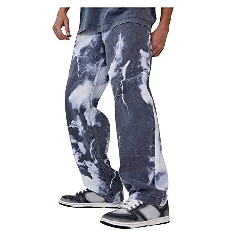 MXDJ Herren Jeans Trendy Distressed Straight Denim Pants Hip Hop Hose Ausgefranste Denim Tie Dye Print Straight Jeans (Color : Dark Blue, Size : Small) von MXDJ