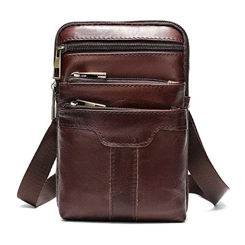 Handy Schultertasche Leder Herren, Kleine Handy Gürteltasche, 7.2Zoll Leder Handy Umhängetasche Handyholster Bauchtasche Beutel Bügel Crossbody Tasche Hüfttasche Geldbörse Messenger Bag (Kaffee) von MXFDOKD