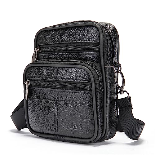 Herren Leder Handy Umhängetaschen, Kleine Handy Gürteltasche Schwarz, Männer Handytasche Zum Umhängen Leder Business Vintage Taillentasche Schultertasche Sport Wandern Reisen Brieftasche Kuriertasche von MXFDOKD