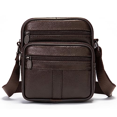 Leder Umhängetasche Herren, Handy Ledertaschen Kaffee, Kleine Vintage Schultertasche Kuriertasche Outdoor Handytasche Herren Crossbody Tasche Telefon Messenger Bag für Business Büro Arbeit Brieftasche von MXFDOKD