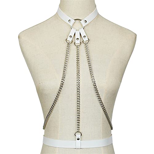Damen Body Harness Riemchen Leder Körperkette Kragen Kette Gürtel Quaste Schwarz Gürtel Kette Strand Körperkette BH Mode Armband Anhänger Körper Zubehör Damen und Mädchen Schmuck(Bianco) von MXMZSRTH