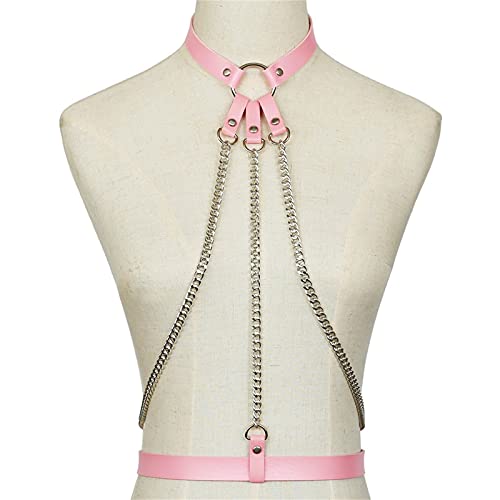 Damen Body Harness Riemchen Leder Körperkette Kragen Kette Gürtel Quaste Schwarz Gürtel Kette Strand Körperkette BH Mode Armband Anhänger Körper Zubehör Damen und Mädchen Schmuck(Pink) von MXMZSRTH