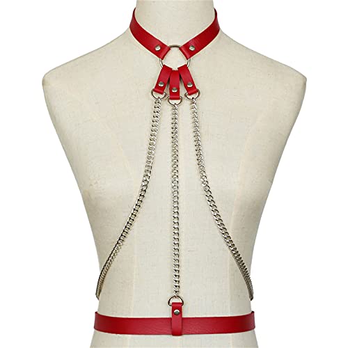 Damen Body Harness Riemchen Leder Körperkette Kragen Kette Gürtel Quaste Schwarz Gürtel Kette Strand Körperkette BH Mode Armband Anhänger Körper Zubehör Damen und Mädchen Schmuck(Red) von MXMZSRTH
