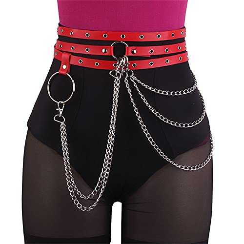Damen Body Harness Riemchen Leder Taille Kette Schwarz Körper Kette Harness Bauchgürtel Kette Mode Party Nachtclub Körper Zubehör Schmuck for Frauen und Mädchen(Red) von MXMZSRTH