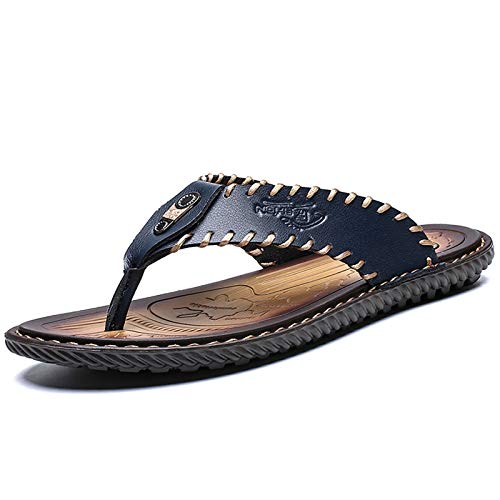 MXTSH Herren-Flip-Flops, leger, Leder-Sandalen für Herren, Gummisohle, Blaue Sandalen, 44 EU von MXTSH