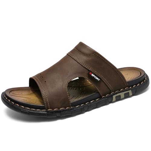 MXTSH Leder Slide Sandalen für Herren Slip On Sommer Strandschuhe Gummisohle Kaffee, Coffee Khaki, 41.5 EU von MXTSH