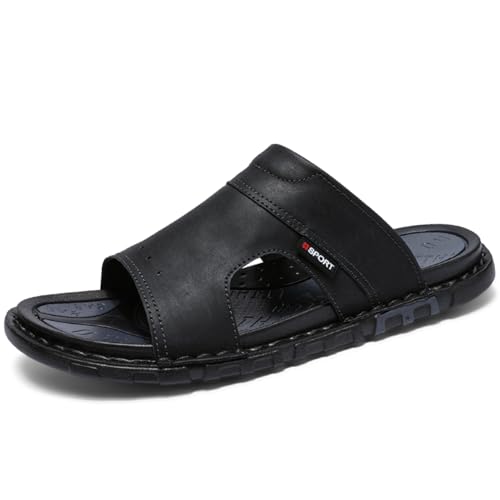 MXTSH Leder Slide Sandalen für Herren Slip On Sommer Strandschuhe Gummisohle Kaffee, Schwarz, 44.5 EU von MXTSH