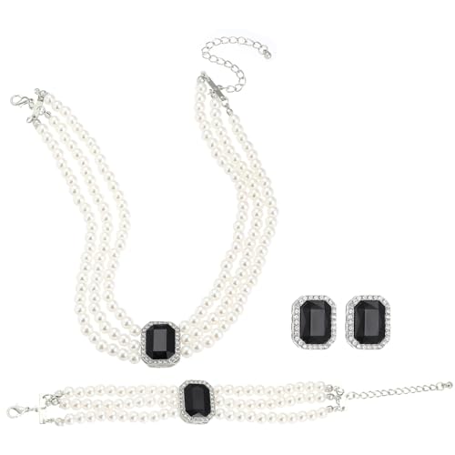MXUHUI Mehrschichtige Perlen-Choker-Halskette, mehrschichtiges Kunstperlen-Armband, Kristall-Ohrringe, Schmuck-Set, 1920er-Jahre-Choker-Halskette, Brautschmuck, Hochzeits-Party-Schmuck, One size von MXUHUI