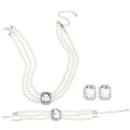 MXUHUI Mehrschichtige Perlen-Choker-Halskette, mehrschichtiges Kunstperlen-Armband, Kristall-Ohrringe, Schmuck-Set, 1920er-Jahre-Choker-Halskette, Brautschmuck, Hochzeits-Party-Schmuck, One size von MXUHUI