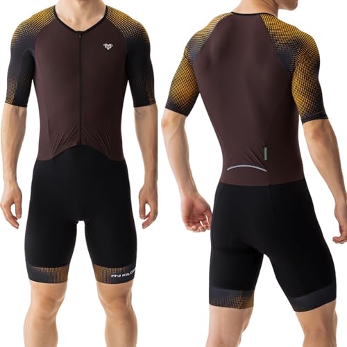 MY KILOMETRE Herren Triathlon Anzug – Einteiler Kurzarm Trisuit Schnelltrocknend Atmungsaktiv mit Rückentasche für Rennen und Training （Braun XXL） von MY KILOMETRE