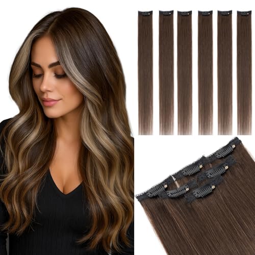 MY-LADY Clip in Extensions Echthaar 6 Stück, 25cm Haarverlängerung Natürlich, Single Clip Hair Extension Highlights für Frauen Damen Glatt Dunkel Braun(#02, 31g) von MY-LADY